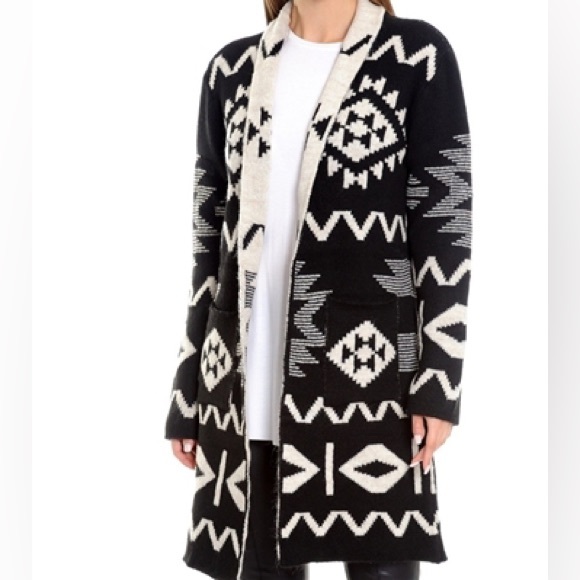 Toda Bela Aztec Tribal Print Wool Blend Duster Cardigan Open Front Sweater Boho - Picture 1 of 9